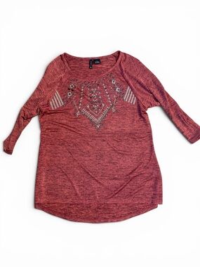 New Directions XL Burgundy Studded Geometric 3/4 Sleeve Stretch Top Boho